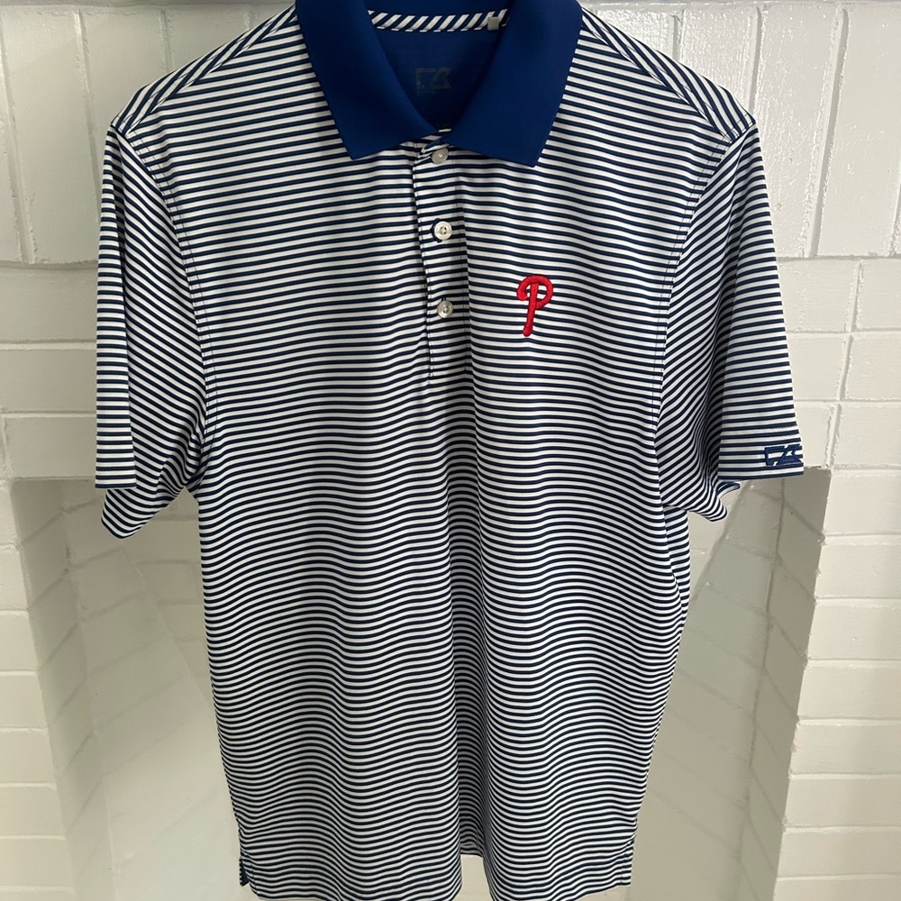 Cutter & Buck Navy and White Striped Polo with Red Emblem